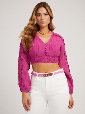 Blusa Guess Embroidered Crop Mujer Fucsia | SE-693767