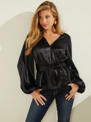 Blusa Guess Puff Sleeves Mujer Negros | SE-553240