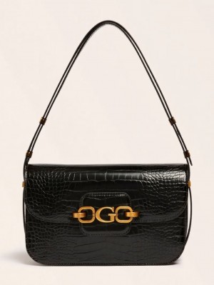 Bolsa De Hombro Guess Hensely Croc Print Mujer Negros | SE-704103