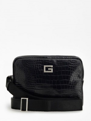 Bolsas Hombro Guess Calabria Croc Print Hombre Negros | SE-979025