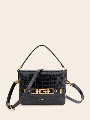 Bolsas Hombro Guess Cristina Real Leather Mujer Negros | SE-407120