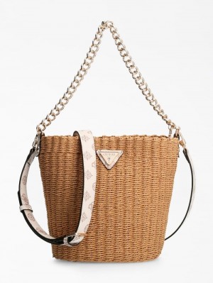 Bolso Saco Guess Lilica Raffia Mini Bucket Bag Mujer Beige | SE-852661