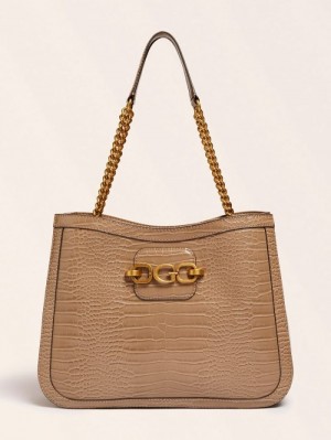 Bolsos Shopper Guess Hensely Croc Print Mujer Creme | SE-254490