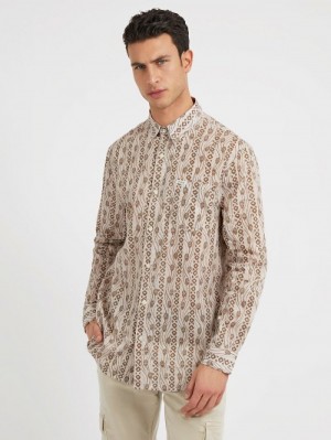 Camisas Guess All Over Print Hombre Beige | SE-884068