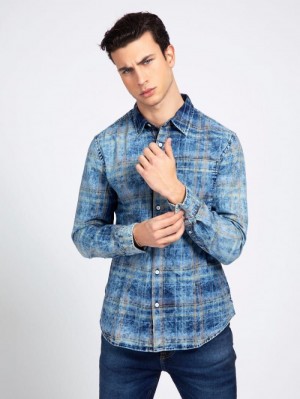 Camisas Guess Check Print Hombre Azules | SE-628691