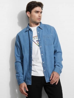 Camisas Guess Denim Pocket Front Hombre Azules | SE-301088