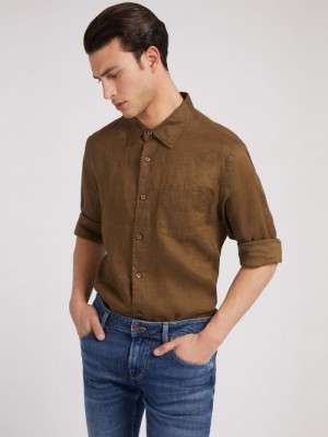 Camisas Guess Linen Hombre Verdes | SE-649560