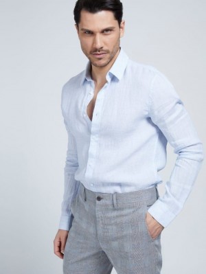 Camisas Guess Marciano Linen Hombre Azules Claro | SE-046739