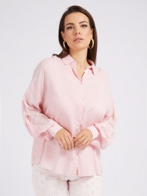 Camisas Guess Relaxed Fit Linen Blend Mujer Rosas | SE-427233