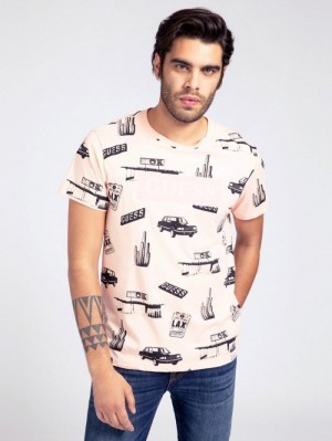 Camiseta Guess All Over Print Hombre Rosas Claro | SE-067107