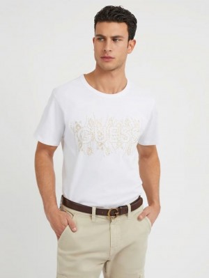 Camiseta Guess Embroidered Logo Hombre Blancos | SE-903901