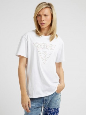 Camiseta Guess Embroidered Triangle Logo Hombre Blancos | SE-674583