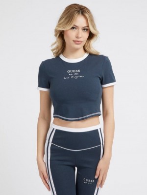 Camiseta Guess Front Logo Crop Mujer Azules Oscuro | SE-916524