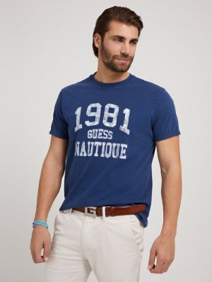 Camiseta Guess Front Logo Hombre Azules | SE-296093