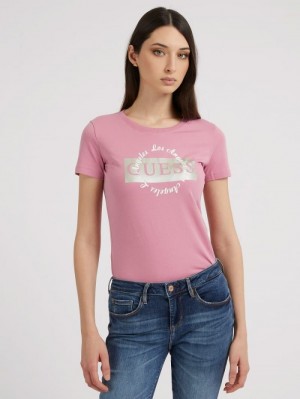 Camiseta Guess Front Logo Mujer Rosas | SE-759243