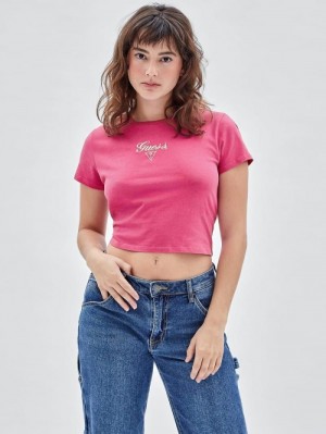 Camiseta Guess Front Logo Mujer Rosas | SE-033831