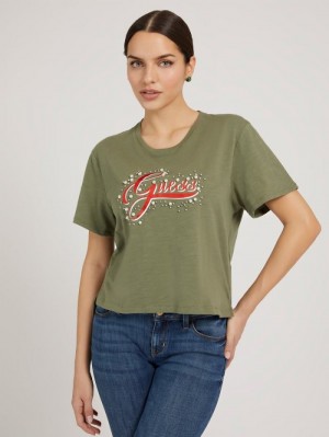 Camiseta Guess Front Logo Mujer Verdes | SE-530492