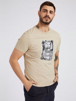 Camiseta Guess Front Print Hombre Beige | SE-091875