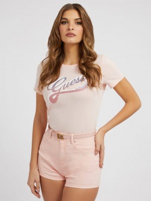 Camiseta Guess Rhinestones Logo Mujer Rosas | SE-165391