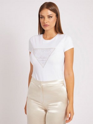 Camiseta Guess Rhinestones Triangle Logo Mujer Blancos | SE-708271