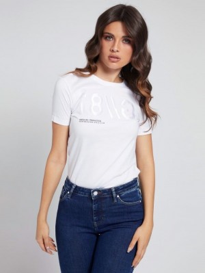 Camiseta Guess Satin Application Mujer Blancos | SE-296878