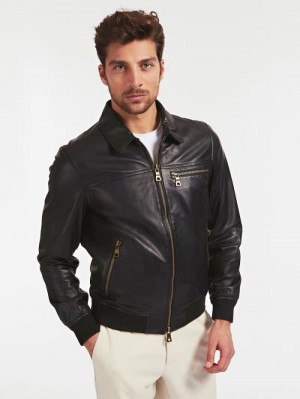 Chaqueta De Bombardero Guess Marciano Leahter Hombre Negros | SE-185128