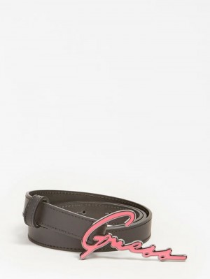 Cinturones Guess Rhea Real Leather Logo Belt Mujer Negros | SE-657080