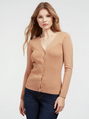 Cárdigan Guess V-neck Rib Mujer Beige | SE-745464