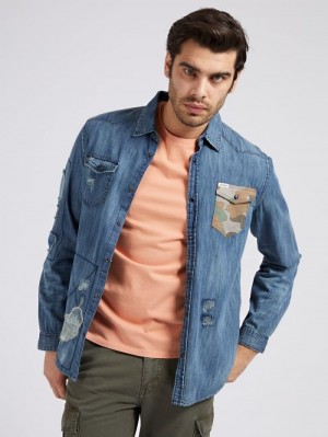 Denim Shirts Guess Abrasions Slim Fit Hombre Azules | SE-855117