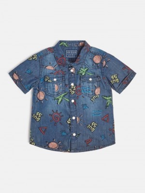 Denim Shirts Guess All Over Print Niños Azules | SE-383655