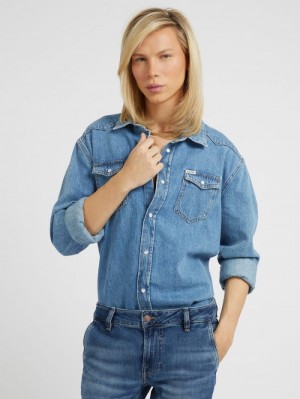 Denim Shirts Guess Back Patch Hombre Azules | SE-851248