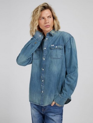 Denim Shirts Guess Regular Fit Hombre Azules | SE-124794