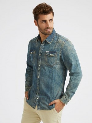 Denim Shirts Guess Slim Fit Hombre Azules | SE-992932