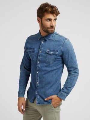 Denim Shirts Guess Slim Fit Hombre Azules | SE-495664