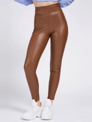 Leggins Guess Faux Leather Mujer Marrom | SE-594942