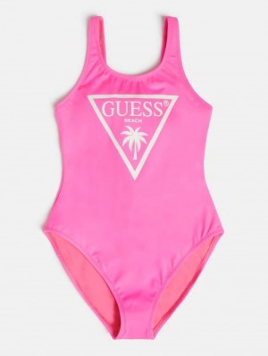 One Piece Swimsuits Guess Front Triangle Logo Print One Piece Swimsuit Niños Rosas | SE-996688