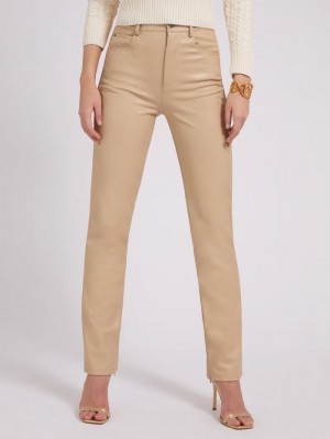 Pantalones Guess Faux Leather Mujer Beige | SE-511657