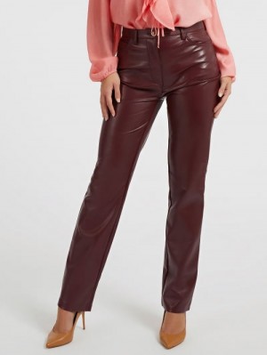 Pantalones Guess Faux Leather Straight Mujer Vino | SE-575064