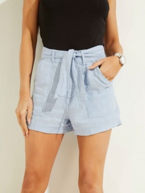 Short Guess Belted Linen Mujer Azules Claro | SE-187367