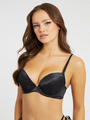 Sujetadores Guess Satin Lace Push Up Mujer Negros | SE-094231