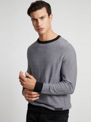 Suéteres Guess Crew Neck Striped Hombre Negros | SE-405048