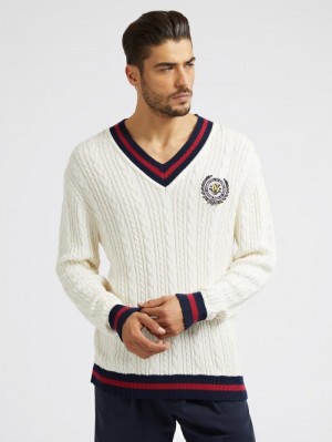 Suéteres Guess Front Patch Cable Knit Hombre Blancos | SE-647723