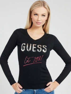 Suéteres Guess Logo V Neck Mujer Negros | SE-468267