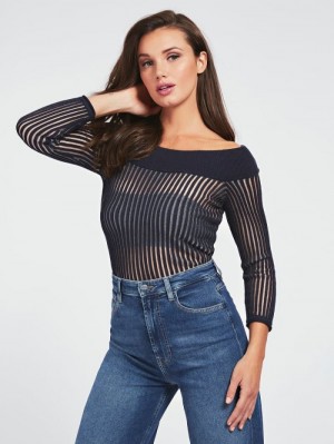 Suéteres Guess Off Shoulder Cotton Blend Mujer Azules | SE-465212