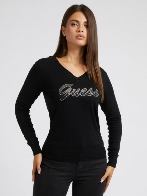 Suéteres Guess Rhinestones Front Logo Mujer Negros | SE-009643