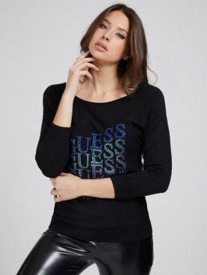 Suéteres Guess Rhinestones Logo Mujer Negros | SE-565501