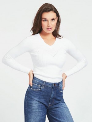 Suéteres Guess V-neck Rib Mujer Blancos | SE-152004