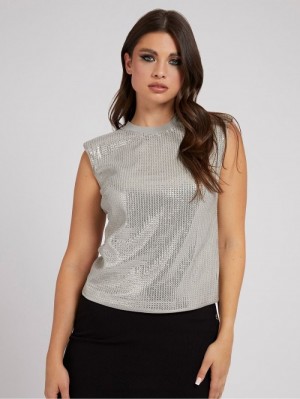 Tank Top Guess Rib Collar Sequins Tank Top Mujer Plateados | SE-205295