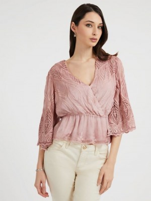 Tops Guess Crinkle Embroidered Mujer Rosas | SE-641896