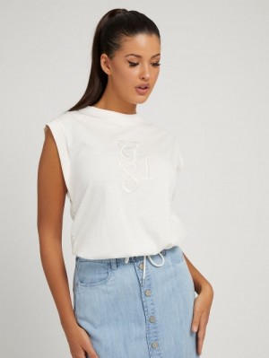 Tops Guess Embroidered Front Logo Mujer Blancos | SE-654955